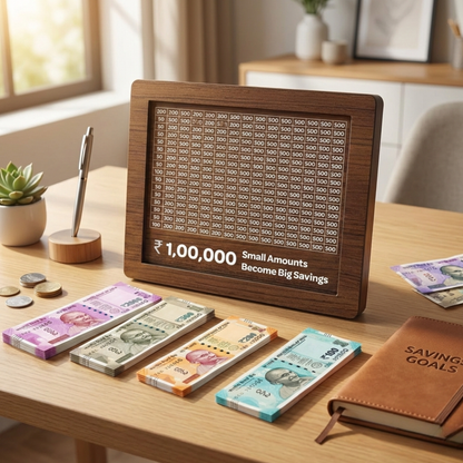 Wooden Money Saving Box – ₹1,00,000 Savings Challenge | Premium Home Savings Planner